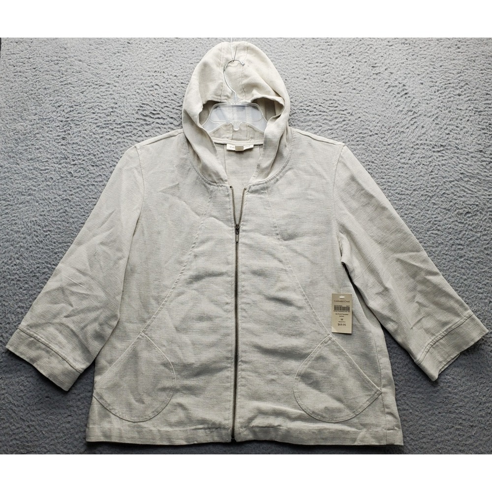 Coldwater Creek Hooded Jacket Womens Medium Tan Linen Patch Pockets Zip Front